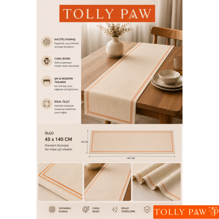 TOLLY PAW Premium Masa Runner Dijital Baskılı Yaprak Desenli Dekoratif Salon Mutfak Yemek Masası Runner Örtüsü